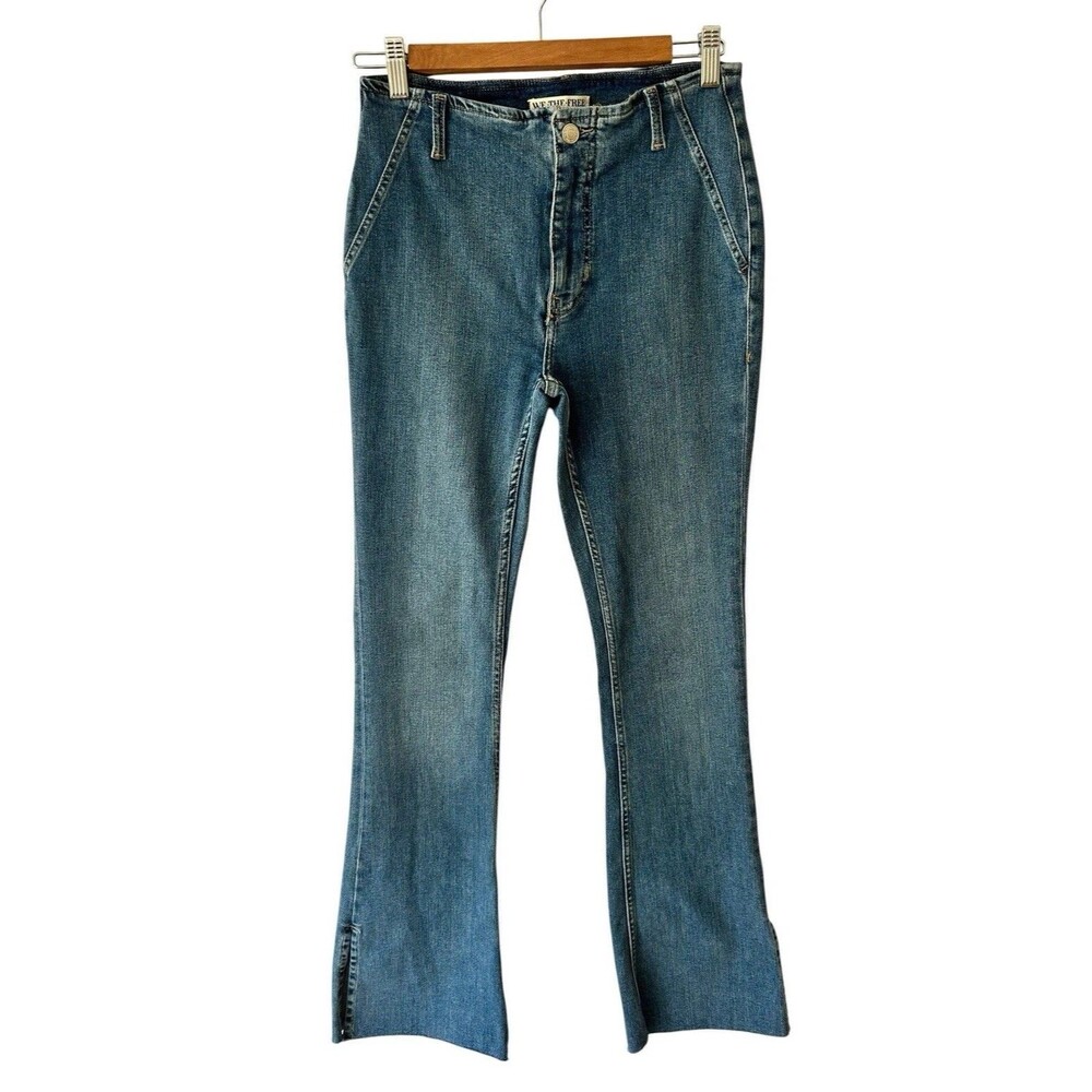 Free People Level Up Slit Bootcut Jeans 28 Sunburst Blue Raw Hem Stretch